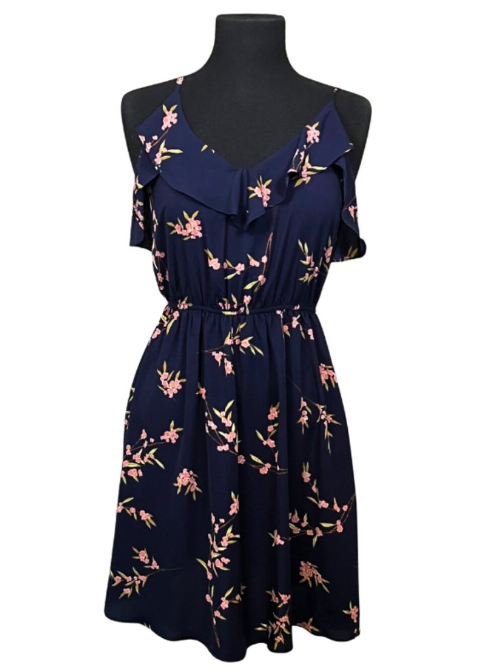 Soprano Navy Floral Cold Shoulder Ruffle Fit & Flare Dress